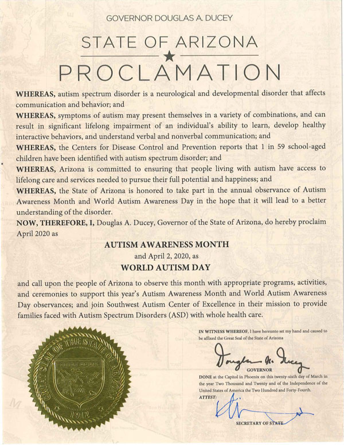 Autism Awareness Month and World Autism Day Proclamation - Governor Ducey